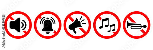 no loud noise, sound, music, vehicle horn signs. warning signs for automobile. no volume, voice, speak icons, no sound forbidden or prohibition sign set on white. eps vector illustration