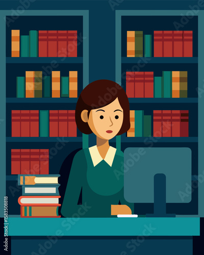 The librarian sat at the front desk intently gazing at a computer screen while the shelves of ancient texts towered behind them.. Vector illustration