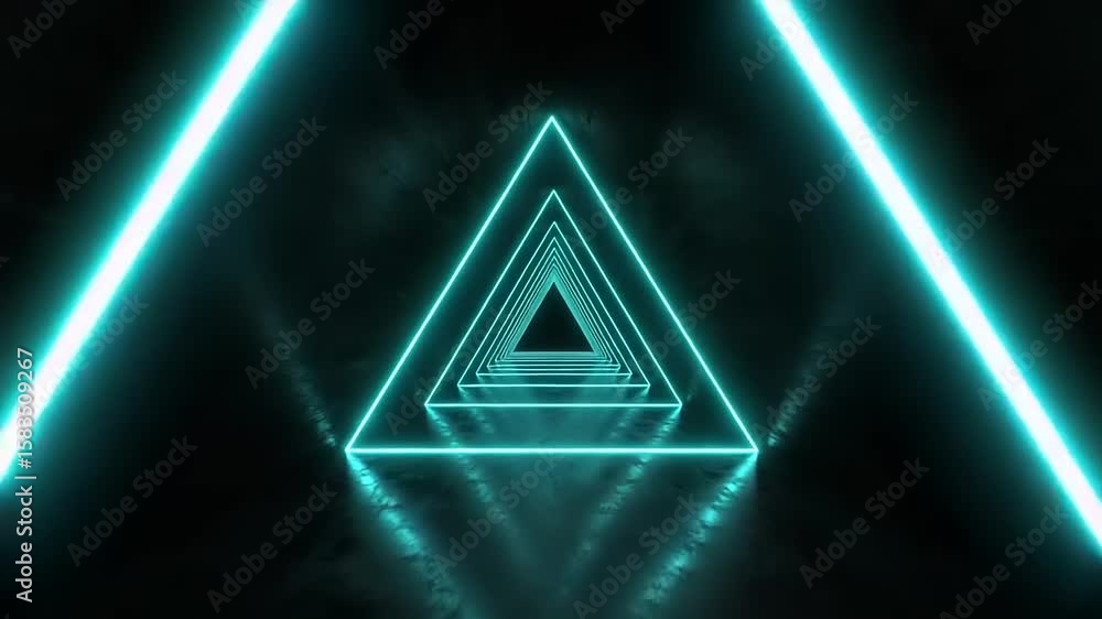 A glowing turquoise triangle tunnel stretches into a mirrored abyss creating a futuristic vibrant geometrical visual