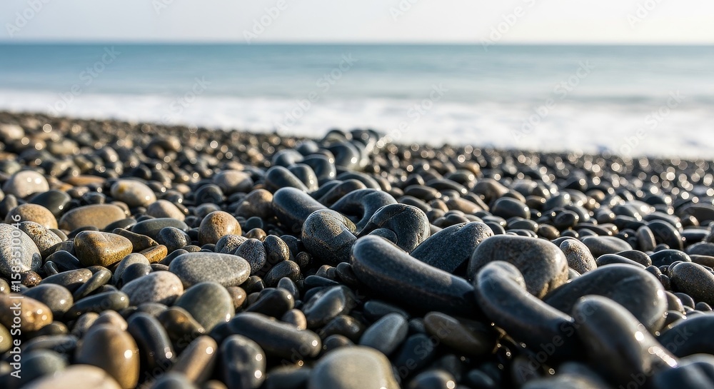 Obraz premium Smooth Wet Pebbles on Seashore with Blurred Ocean Horizon Landscape