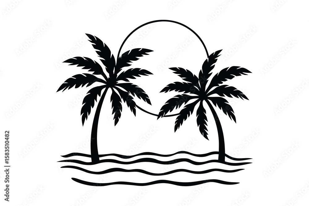 A minimalist black line drawing of a beach scene featuring two palm trees and a large sun above the horizon, with stylized waves in the foreground. A minimalist black line drawing of a beach scene featuring two palm trees and a large sun above the horizon, with stylized waves in the foreground.