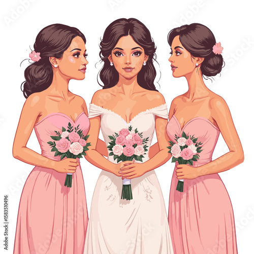 Three bridesmaids with bouquets standing beside the bride in pink dresses  