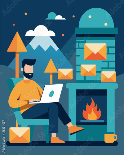 Imagine sending out important emails while lounging by the fireplace in your cozy vacation home office.. Vector illustration