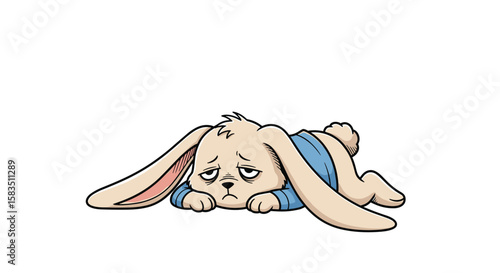Tired bunny character feeling exhausted lying down on white background