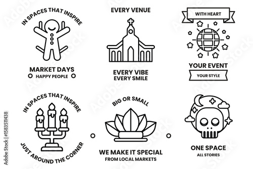 Set of illustrations in party and event concepts in line drawing style