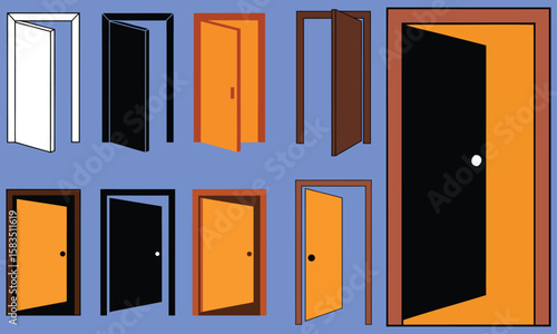 Collection of minimalist doors in various colors and open states