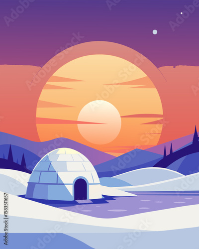 The sun setting over a snowy landscape with a solitary igloo in the distance representing a peaceful remote work setup.. Vector illustration