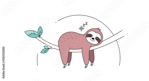 Adorable sleeping sloth hanging on a tree branch with leaves and curved lines