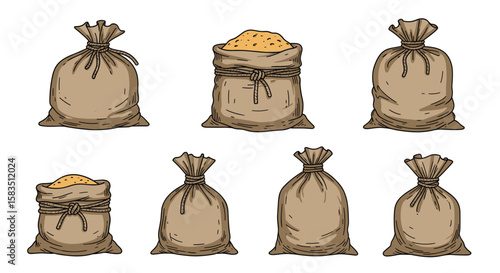 Collection of seven burlap sacks filled with various grains and dry goods
