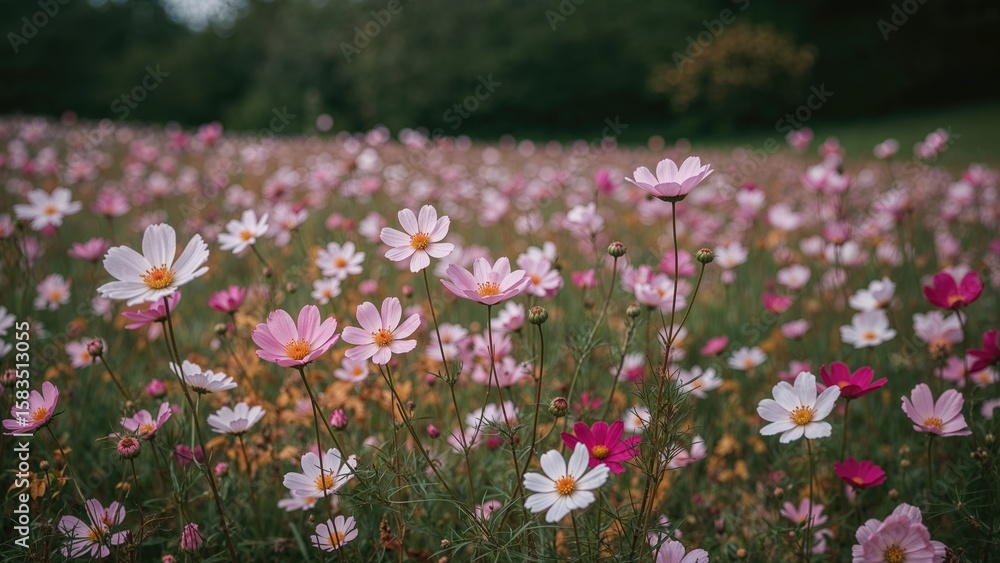 Seasonal flowers blooming in a field of cosmos Seasonal flowers blooming in a field of cosmos
