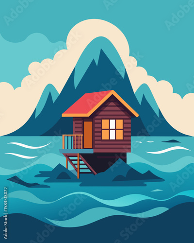 The sound of waves gently rocking the floating cabin becomes the background noise to a productive workday.. Vector illustration