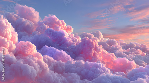 Abstract 3d candy fluffy texture with gradient cotton candy clouds in the sky. Fantasy pink cloud in sky pastel background. Fairy Paradise realistic soft cloudy sunset landscape.