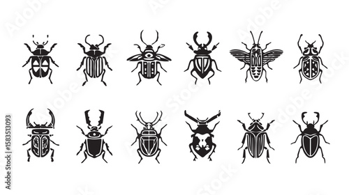 Set of Black Scarab Beetle and Bug Silhouettes, Vector Tattoo or Logo Style, Isolated on White Background, Egyptian Symbolism and Decorative Insect Icons.