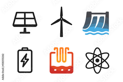 Renewable energy symbols illustrating various energy sources and technologies for sustainable solutions