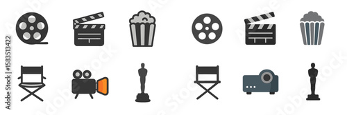 Film industry icons including reels, clapperboard, popcorn, director's chair, camera, and awards in a creative layout