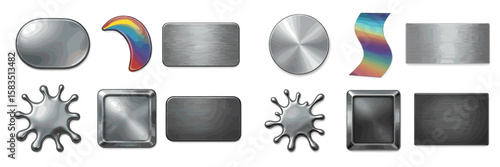 Metallic shapes and textures displayed on a white background showcasing various reflections and colors