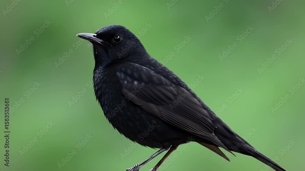 Elegant Black Bird Perched in Nature: A Close-up Portrait of a Sleek Passerine Against a Soft Green Background Elegant Black Bird Perched in Nature: A Close-up Portrait of a Sleek Passerine Against a Soft Green Background