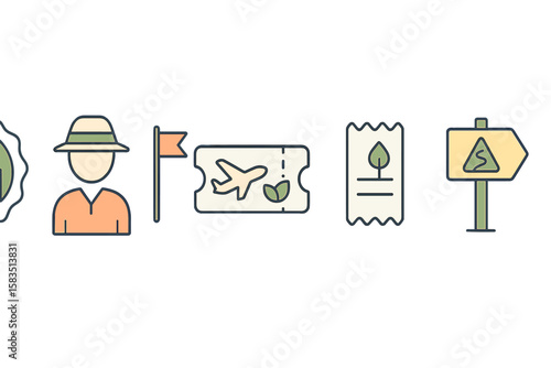 Adventure planning for eco-friendly travel with icons representing activities and experiences