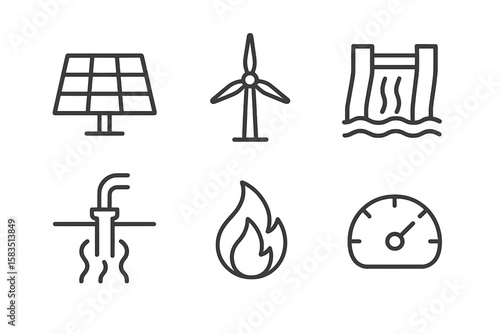 Energy sources and their symbols including solar, wind, hydro, geothermal, and more displayed in a minimalistic style