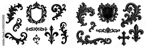 Decorative black flourishes and crest designs in intricate baroque style suitable for embellishments and crafts