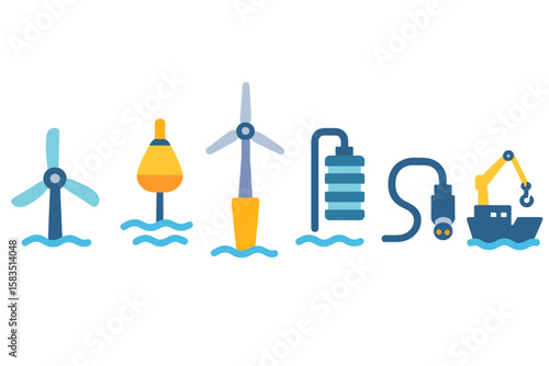 Innovative designs in marine energy technology showcased at a coastal exhibition in the early afternoon sun