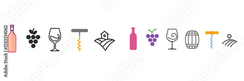 Creative wine-themed illustrations showcasing various elements of winemaking and enjoyment in a minimalist style