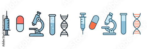 Design elements representing medical and scientific concepts including syringes, DNA, and laboratory equipment for educational use