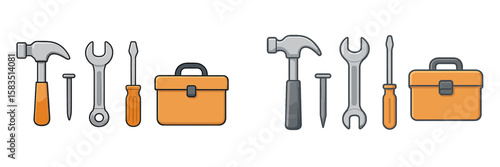 Various hand tools and toolboxes arranged in two groups on a white background
