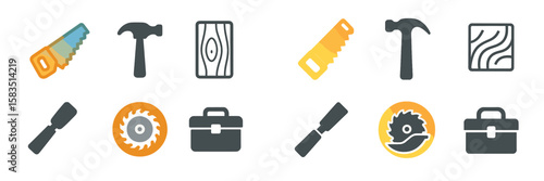 Tools and equipment in various shapes and colors for woodworking and construction projects