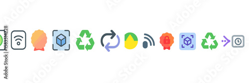 Icons representing technology, sustainability, and security displayed in a horizontal arrangement in a modern design