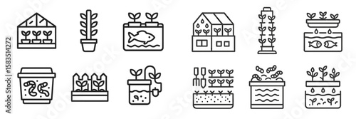 Collection of minimalistic illustrations depicting indoor gardening and aquaponics systems in various forms and styles