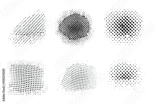 Abstract black and white halftone pattern design with varying shapes and textures on a white background