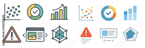 Visual representation of data analysis and statistics concepts with various charts and graphs in a minimalistic design