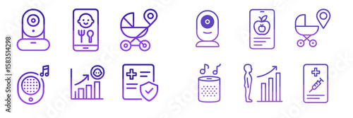 Icons representing smart parenting technology for monitoring and tracking child care and health