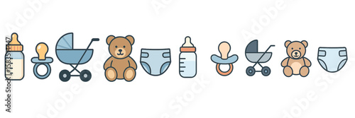 Cute baby items including toys, diapers, and accessories in playful design on a white background