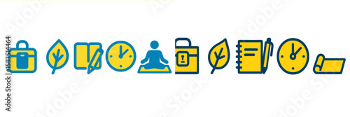 Illustrations of symbols representing productivity, relaxation, and organization in a modern workspace for improved efficiency and well-being