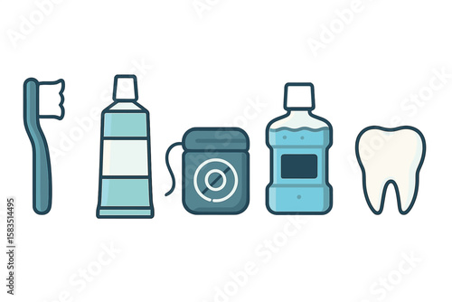 Oral hygiene essentials including toothbrush, toothpaste, mouthwash, dental floss, and a tooth displayed on a white background