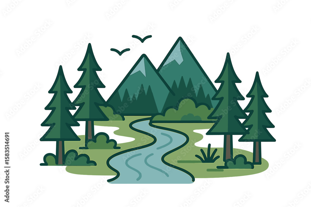 Fototapeta premium Scenic river flowing through a lush forest with mountains in the background during a bright sunny day