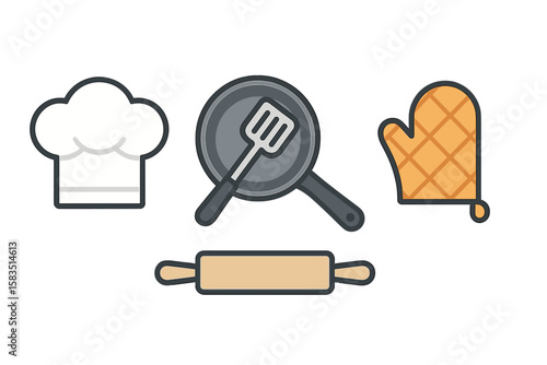 Chef hat, cooking tools, and baking supplies arranged on a flat surface in a cozy kitchen environment