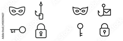 Symbols of mystery and security represented through minimal designs featuring masks, keys, and locks