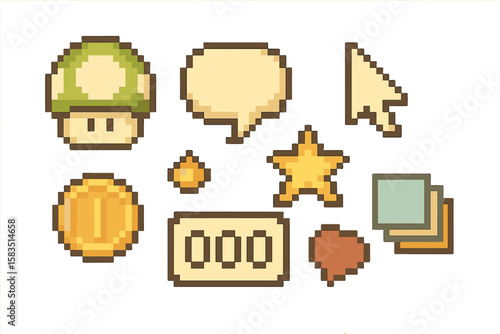 Pixel art creations featuring game icons and collectibles in a playful arrangement