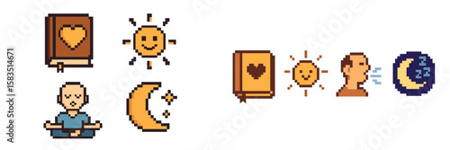 Creative pixel art depicting themes of love, mindfulness, nature, and personal growth in a vibrant, whimsical style