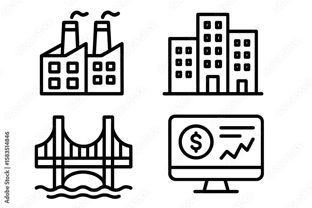 Industrial and urban symbols representing business, infrastructure, and finance in a modern economy Industrial and urban symbols representing business, infrastructure, and finance in a modern economy