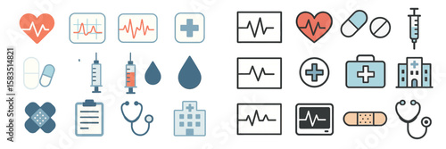 Health and medical icons showcasing symbols of care, treatment, and diagnostics in a modern infographic style