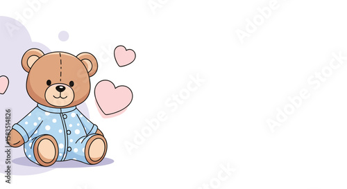 Cute cartoon teddy bear wearing blue pajamas surrounded by pink hearts adorable baby animal illustration