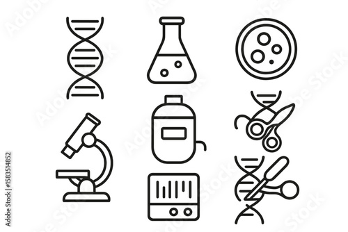 Various laboratory symbols represent scientific research and biotechnology concepts in a modern design
