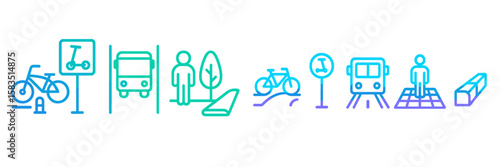 Public transportation and eco-friendly transport symbols in a modern urban environment during daylight hours
