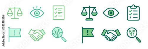 Icons representing justice, assessment, and partnership with various symbols of balance and collaboration