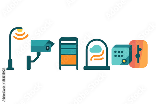 Various smart city utilities and security elements including a lamp post, camera, display unit, sensor, and safe