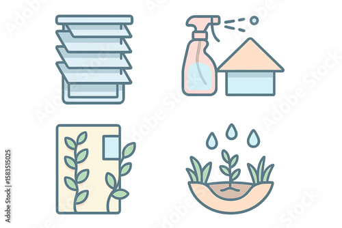 Cleaning tasks for a fresh home environment with household items and plants during a bright afternoon
